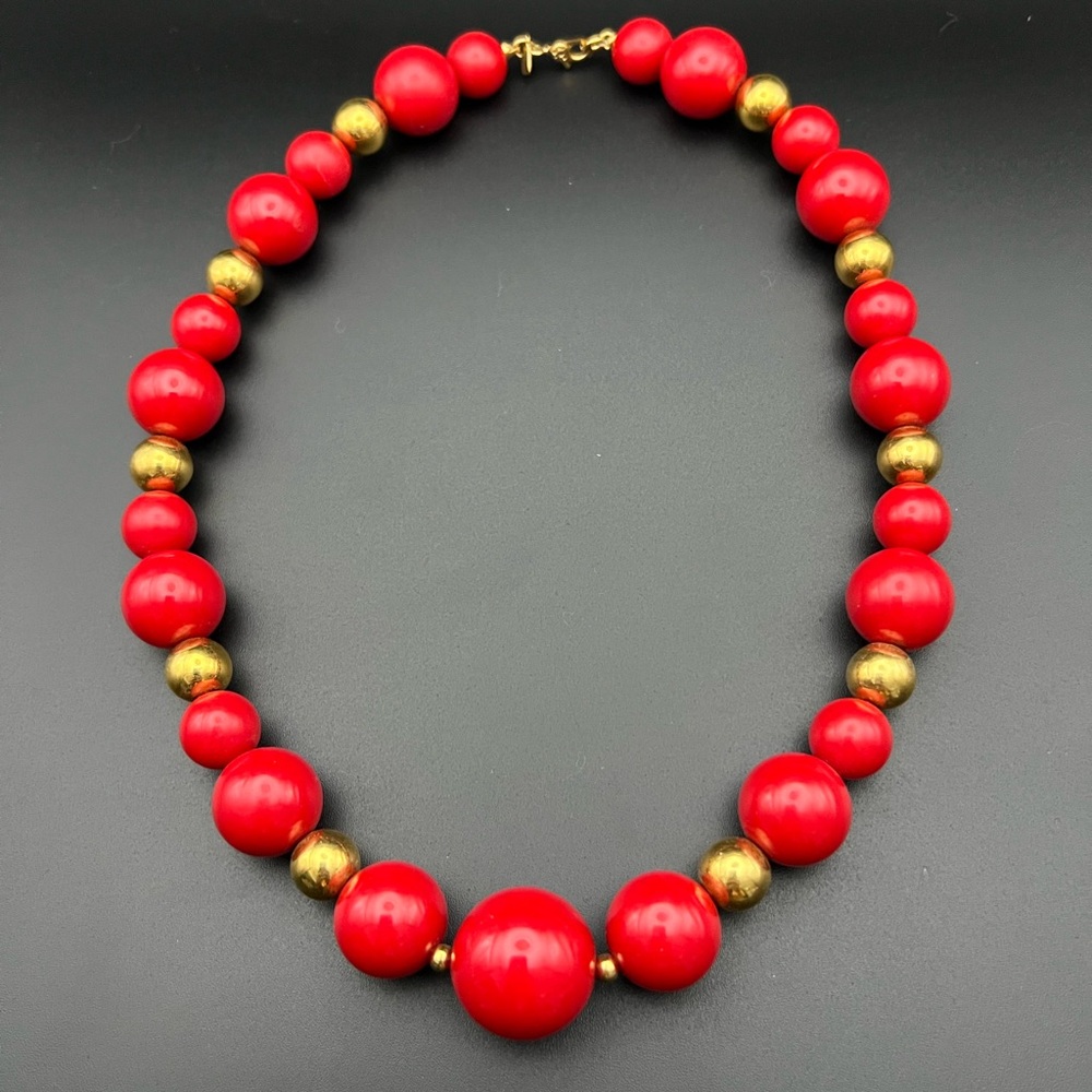Vintage Monet Beaded Red Gold Choker Necklace Retro Colorful Bold